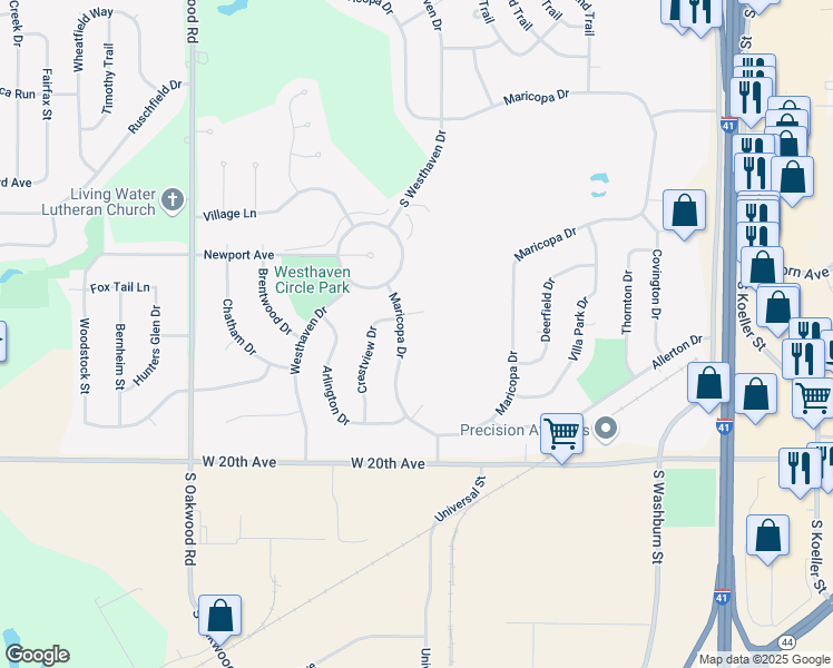 map of restaurants, bars, coffee shops, grocery stores, and more near 1757 Maricopa Drive in Oshkosh