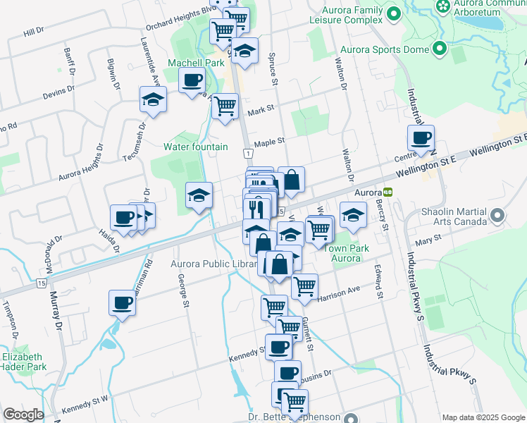 map of restaurants, bars, coffee shops, grocery stores, and more near 15255 Yonge Street in Aurora
