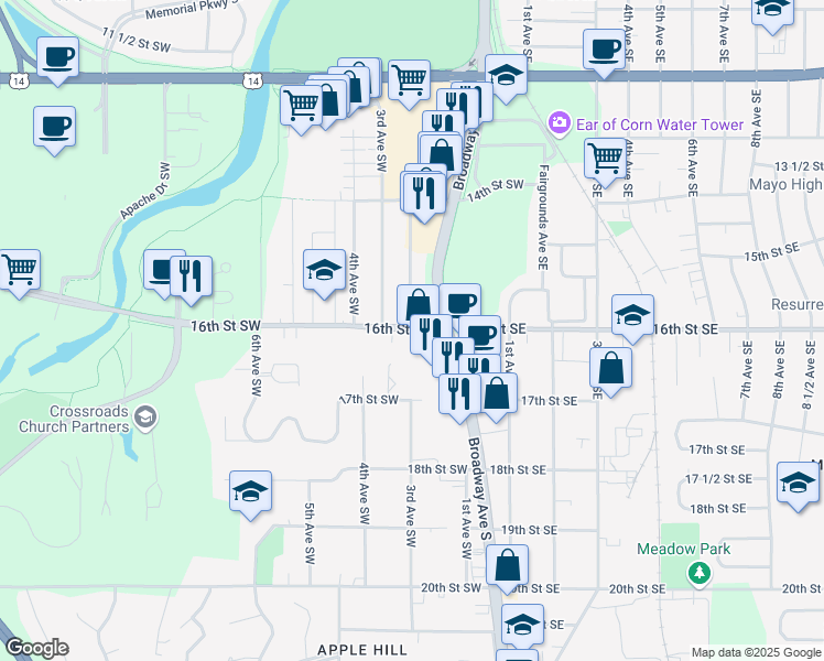 map of restaurants, bars, coffee shops, grocery stores, and more near 334 16th Street Southwest in Rochester