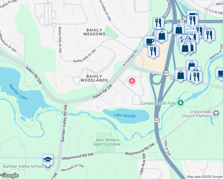 map of restaurants, bars, coffee shops, grocery stores, and more near 2053 Carriage Drive in Rochester