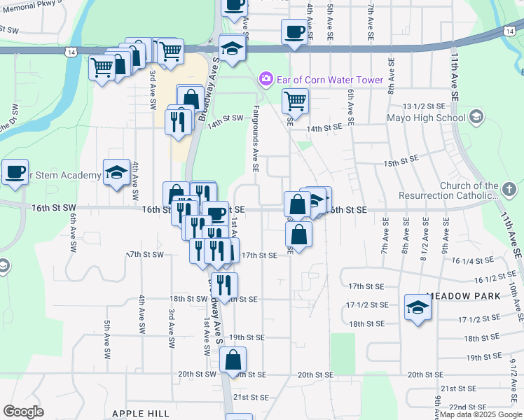 map of restaurants, bars, coffee shops, grocery stores, and more near 1600 2nd Avenue Southeast in Rochester