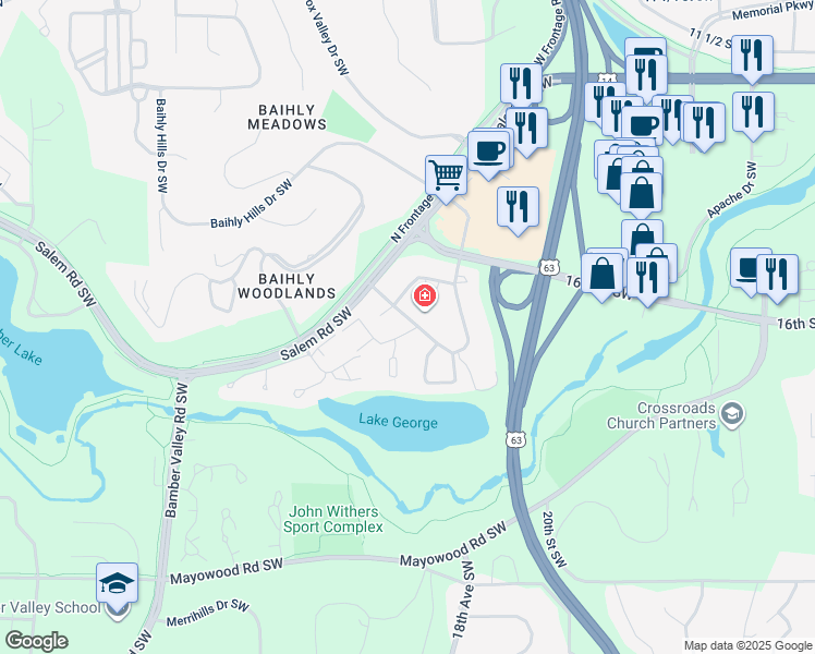 map of restaurants, bars, coffee shops, grocery stores, and more near 1807 Greenfield Lane Southwest in Rochester