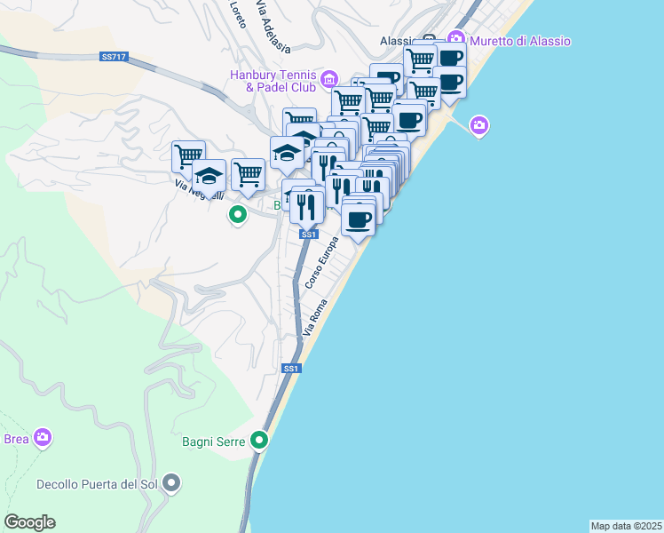 map of restaurants, bars, coffee shops, grocery stores, and more near 42 Via Roma in Alassio