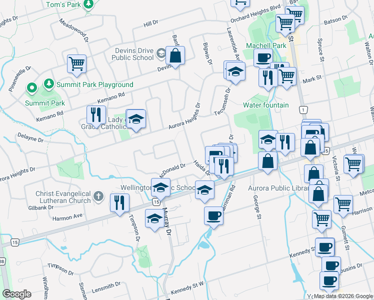 map of restaurants, bars, coffee shops, grocery stores, and more near 40 Haida Drive in Aurora