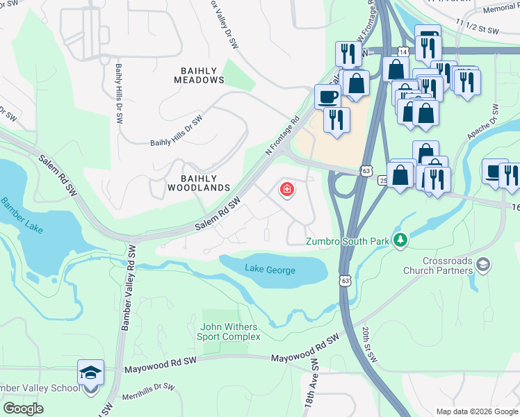 map of restaurants, bars, coffee shops, grocery stores, and more near 1921 Greenfield Lane Southwest in Rochester