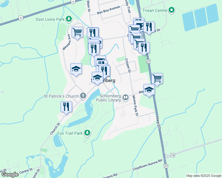 map of restaurants, bars, coffee shops, grocery stores, and more near 136 Main Street in Schomberg