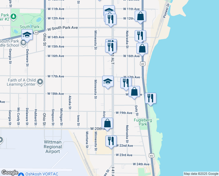 map of restaurants, bars, coffee shops, grocery stores, and more near 234 West 18th Avenue in Oshkosh