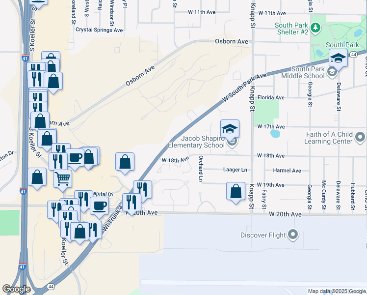 map of restaurants, bars, coffee shops, grocery stores, and more near 1262 West 18th Avenue in Oshkosh