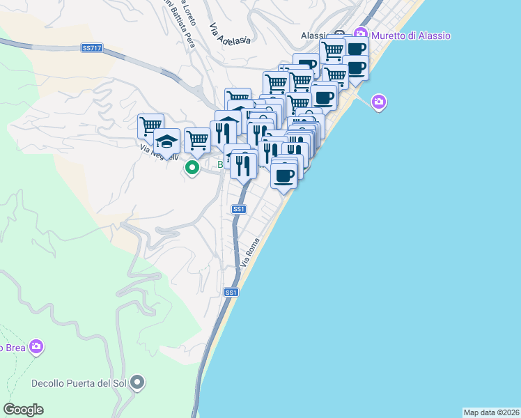 map of restaurants, bars, coffee shops, grocery stores, and more near 19 Viale delle Palme in Alassio
