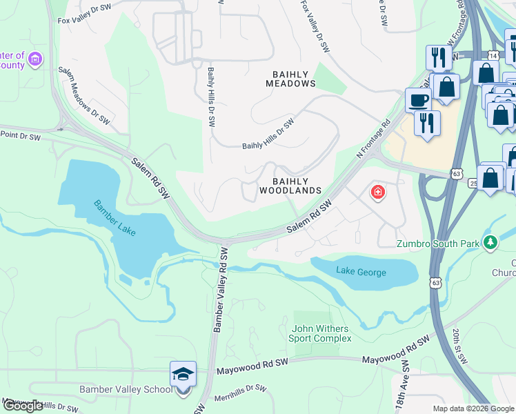 map of restaurants, bars, coffee shops, grocery stores, and more near 2205 North Frontage Road in Rochester