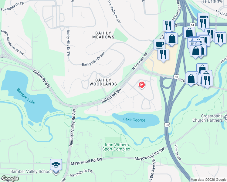 map of restaurants, bars, coffee shops, grocery stores, and more near 1933 North Frontage Road in Rochester