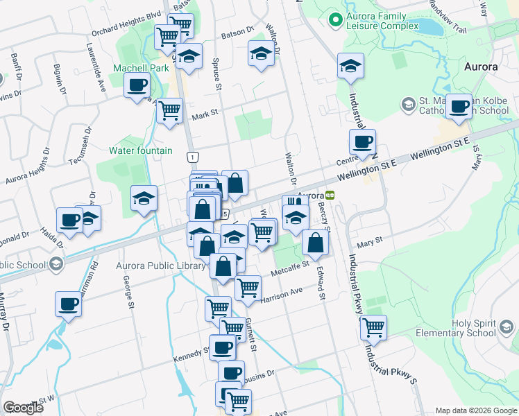 map of restaurants, bars, coffee shops, grocery stores, and more near in Aurora