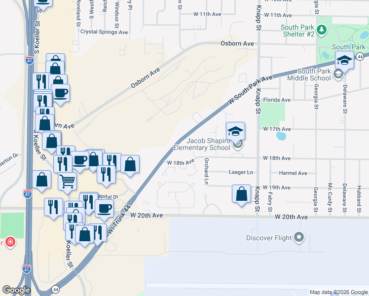 map of restaurants, bars, coffee shops, grocery stores, and more near 1305 West South Park Avenue in Oshkosh