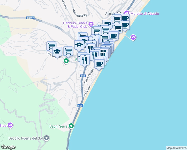 map of restaurants, bars, coffee shops, grocery stores, and more near 42 Via Roma in Alassio