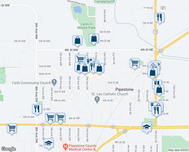 map of restaurants, bars, coffee shops, grocery stores, and more near 104 Main Street West in Pipestone