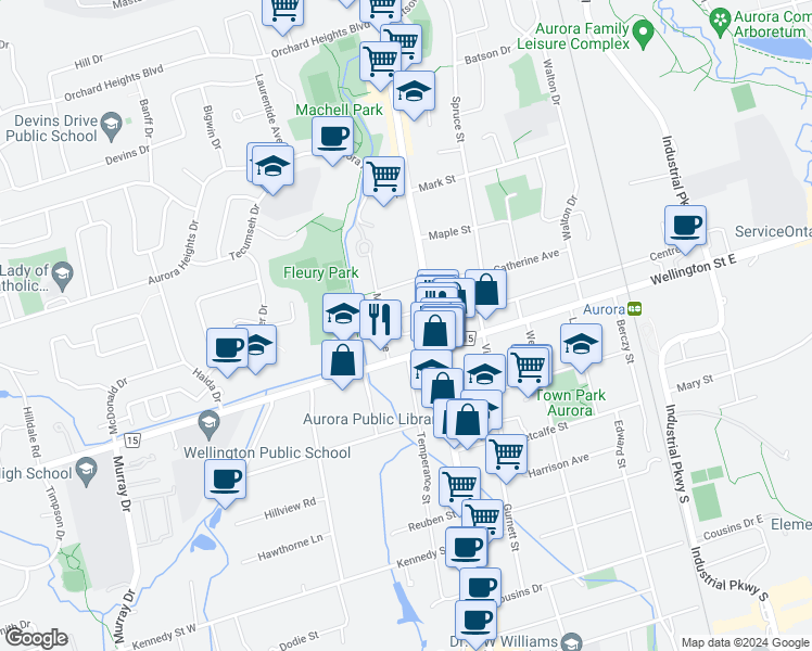 map of restaurants, bars, coffee shops, grocery stores, and more near in Aurora
