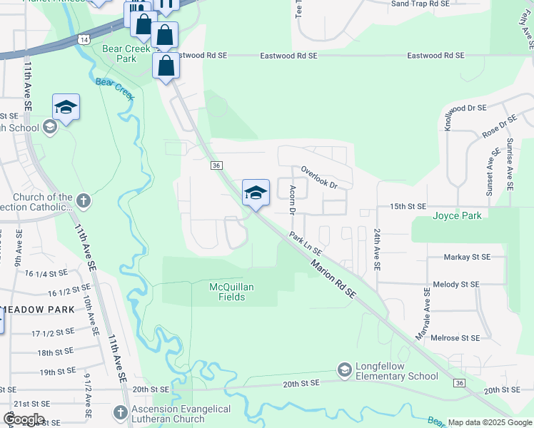 map of restaurants, bars, coffee shops, grocery stores, and more near 2059 16th Street Southeast in Rochester