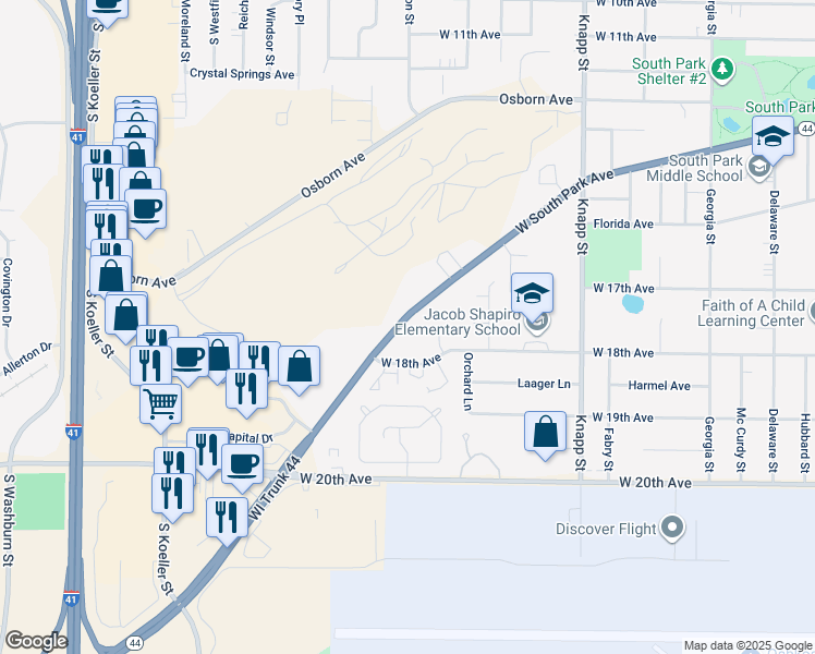 map of restaurants, bars, coffee shops, grocery stores, and more near 1315 West South Park Avenue in Oshkosh