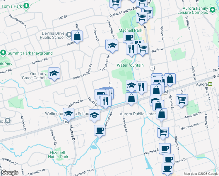 map of restaurants, bars, coffee shops, grocery stores, and more near Jasper Drive in Aurora
