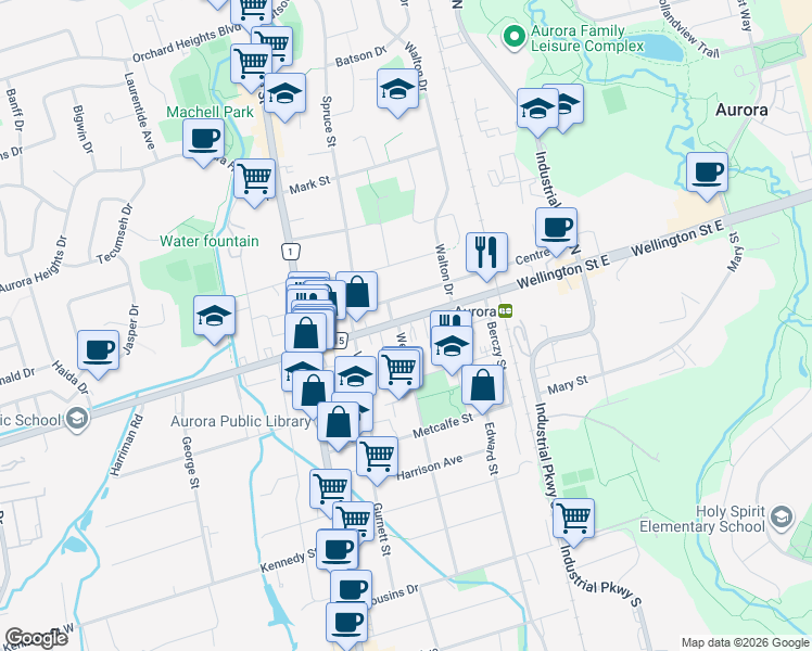 map of restaurants, bars, coffee shops, grocery stores, and more near 61 Wellington Street East in Aurora