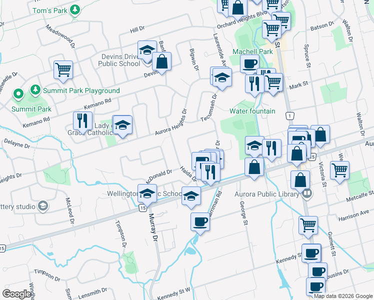 map of restaurants, bars, coffee shops, grocery stores, and more near in Aurora