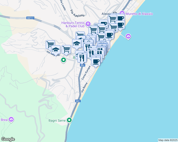 map of restaurants, bars, coffee shops, grocery stores, and more near 12 Via Don Boselli in Alassio