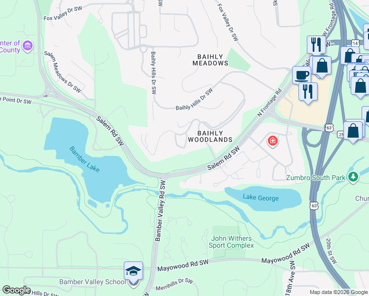 map of restaurants, bars, coffee shops, grocery stores, and more near 2310 Salem Heights Drive Southwest in Rochester