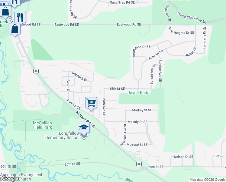 map of restaurants, bars, coffee shops, grocery stores, and more near 2411 15th Street Southeast in Rochester