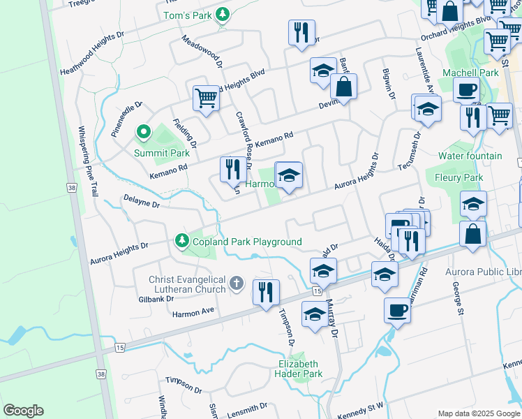 map of restaurants, bars, coffee shops, grocery stores, and more near Aurora Heights Drive in Aurora