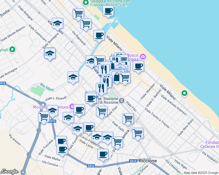 map of restaurants, bars, coffee shops, grocery stores, and more near 1 Via Catullo in Riccione