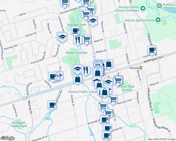 map of restaurants, bars, coffee shops, grocery stores, and more near 40 Machell Avenue in Aurora