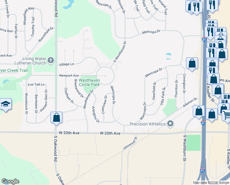 map of restaurants, bars, coffee shops, grocery stores, and more near 1798 Maricopa Drive in Oshkosh