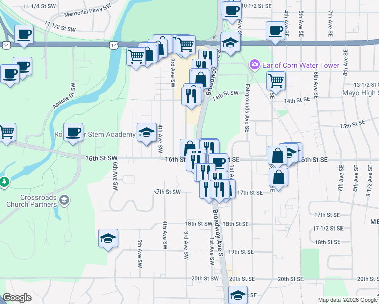 map of restaurants, bars, coffee shops, grocery stores, and more near 1525 2nd Avenue Southwest in Rochester