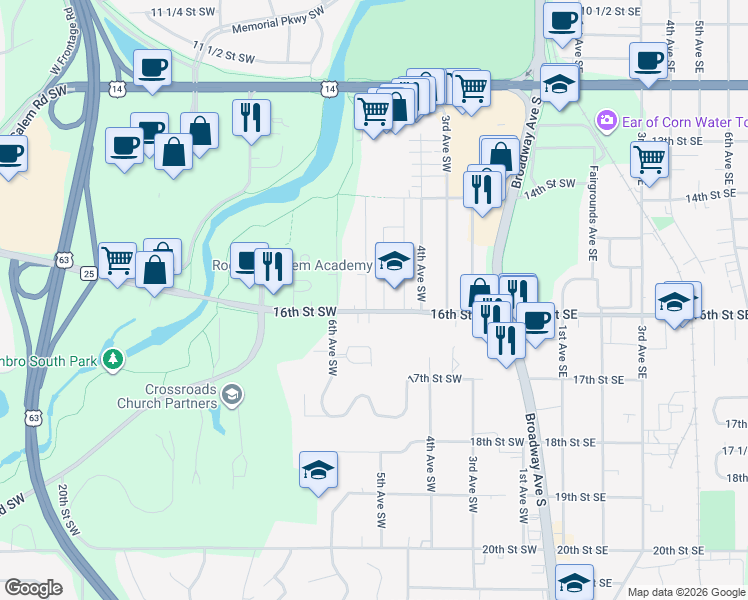 map of restaurants, bars, coffee shops, grocery stores, and more near 1527 5th Avenue Southwest in Rochester