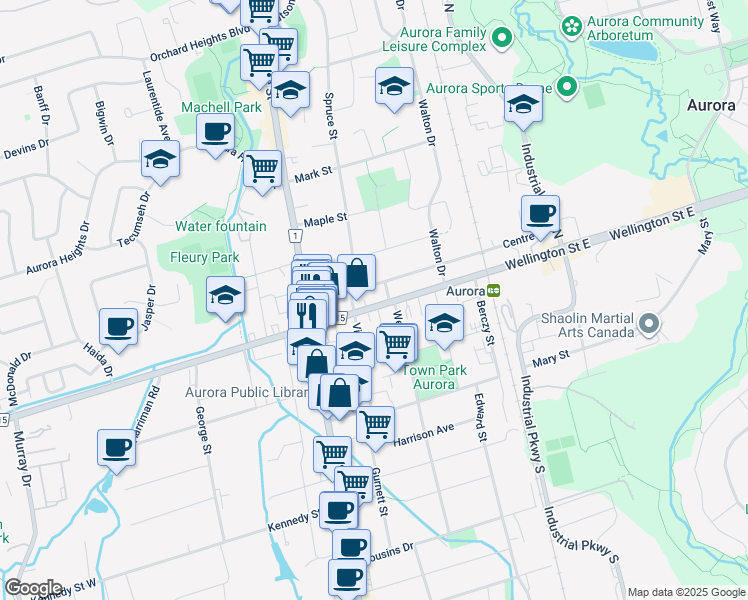 map of restaurants, bars, coffee shops, grocery stores, and more near in Aurora
