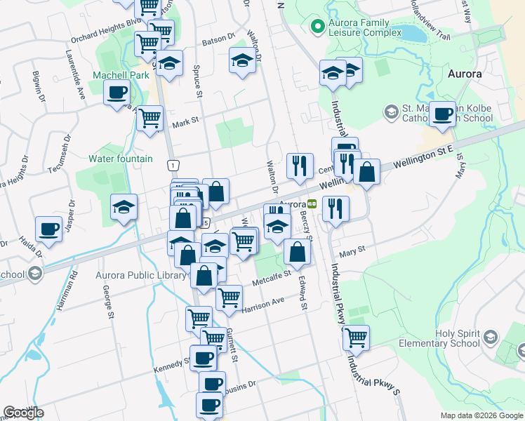 map of restaurants, bars, coffee shops, grocery stores, and more near 81 Wellington Street East in Aurora