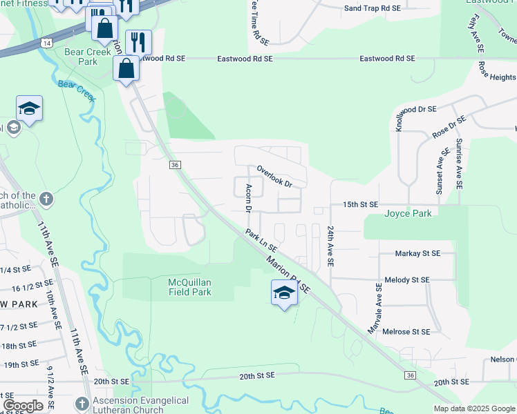 map of restaurants, bars, coffee shops, grocery stores, and more near 63 East Oak Circle in Rochester