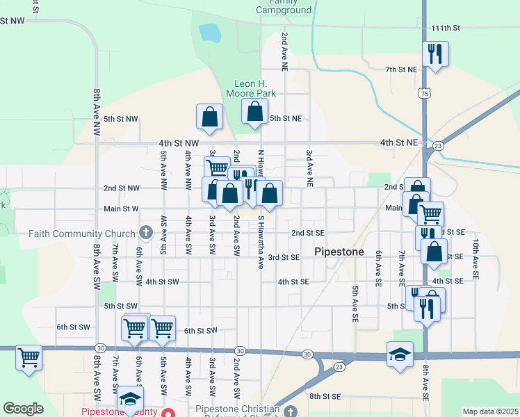 map of restaurants, bars, coffee shops, grocery stores, and more near 104 Main Street West in Pipestone