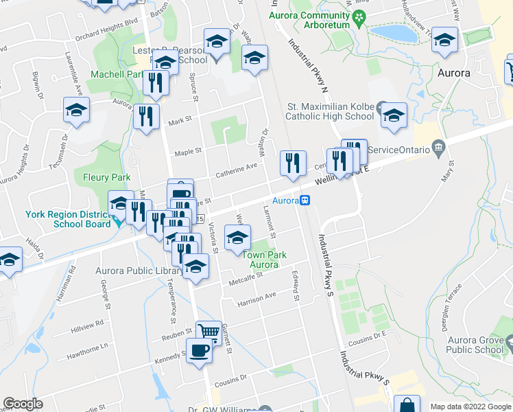 map of restaurants, bars, coffee shops, grocery stores, and more near in Aurora