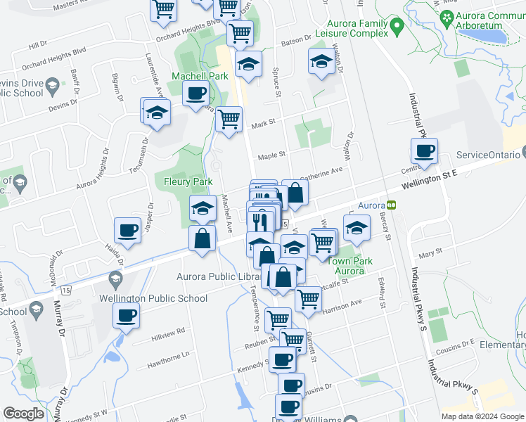 map of restaurants, bars, coffee shops, grocery stores, and more near 16 Centre Street in Aurora