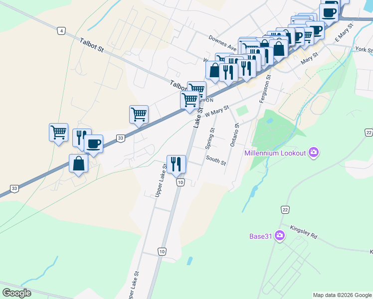 map of restaurants, bars, coffee shops, grocery stores, and more near 30 Lake Street in Prince Edward County