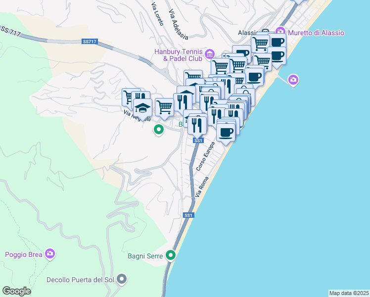 map of restaurants, bars, coffee shops, grocery stores, and more near 20A Via Privata Piani Romani in Alassio