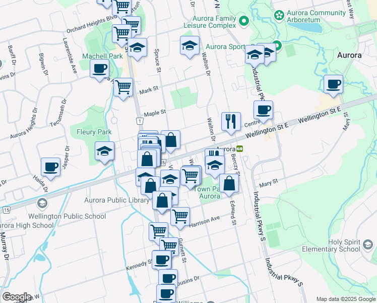 map of restaurants, bars, coffee shops, grocery stores, and more near 65 Centre Street in Aurora
