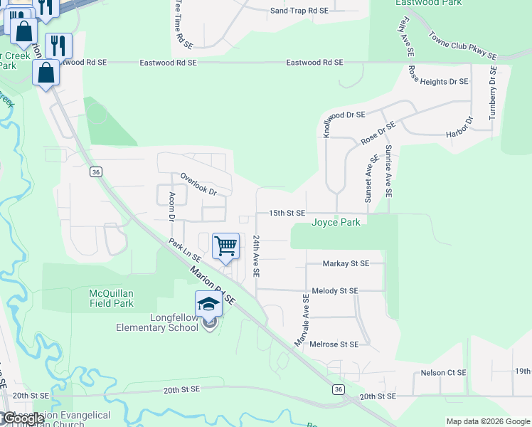map of restaurants, bars, coffee shops, grocery stores, and more near 2411 15th Street Southeast in Rochester