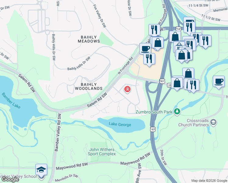 map of restaurants, bars, coffee shops, grocery stores, and more near 1915 Greenview Place Southwest in Rochester