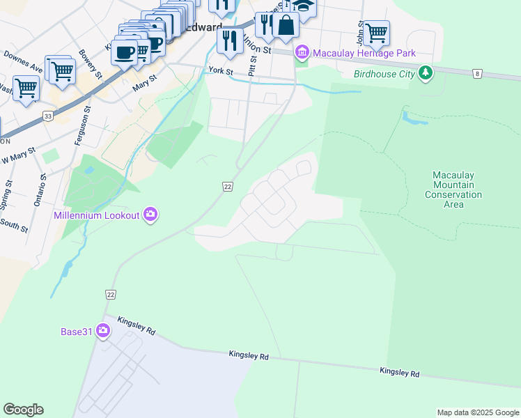 map of restaurants, bars, coffee shops, grocery stores, and more near 18 Cassino Court in Prince Edward