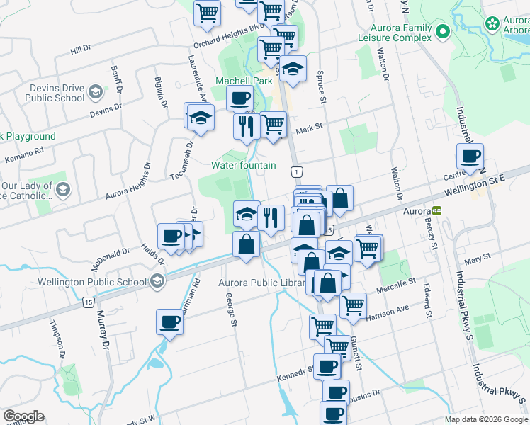 map of restaurants, bars, coffee shops, grocery stores, and more near 36 Machell Avenue in Aurora