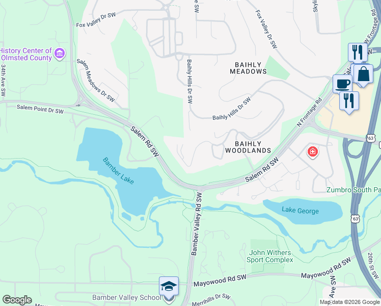 map of restaurants, bars, coffee shops, grocery stores, and more near 2521 Salem Heights Lane Southwest in Rochester