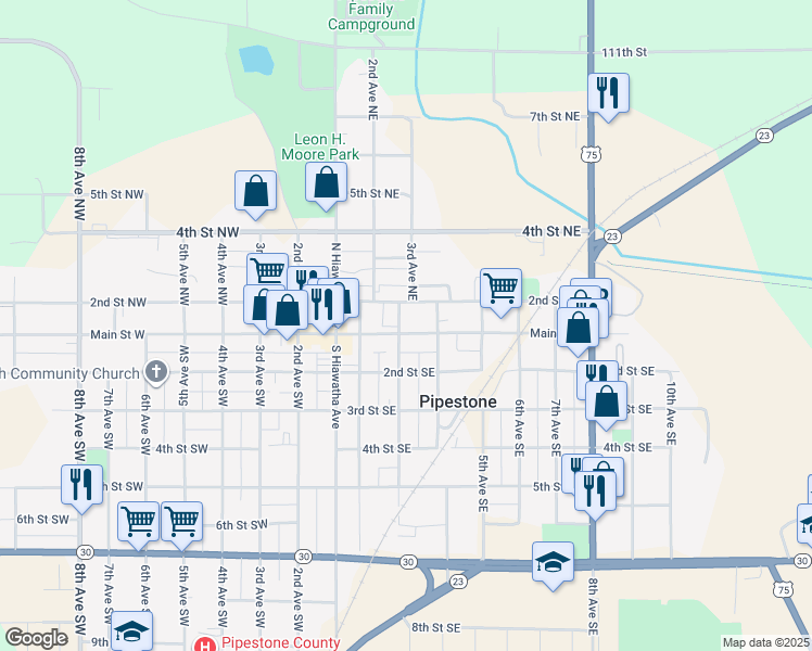 map of restaurants, bars, coffee shops, grocery stores, and more near 115 3rd Avenue Northeast in Pipestone