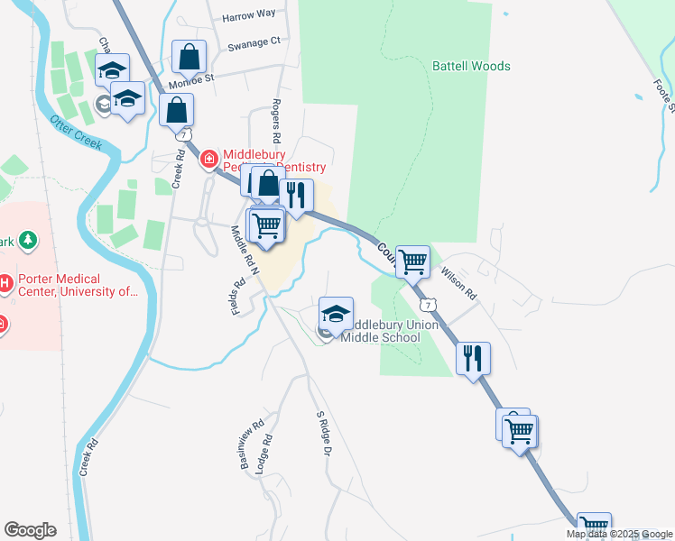 map of restaurants, bars, coffee shops, grocery stores, and more near 115 Deerfield Lane in Middlebury